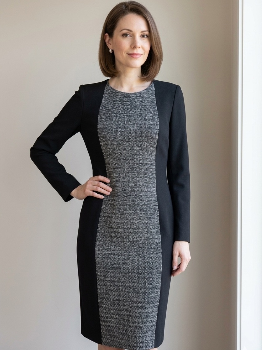 Hugo Boss Black & Gray Long Sleeve Power Dress. Size 2 - Virgin Wool and Cotton